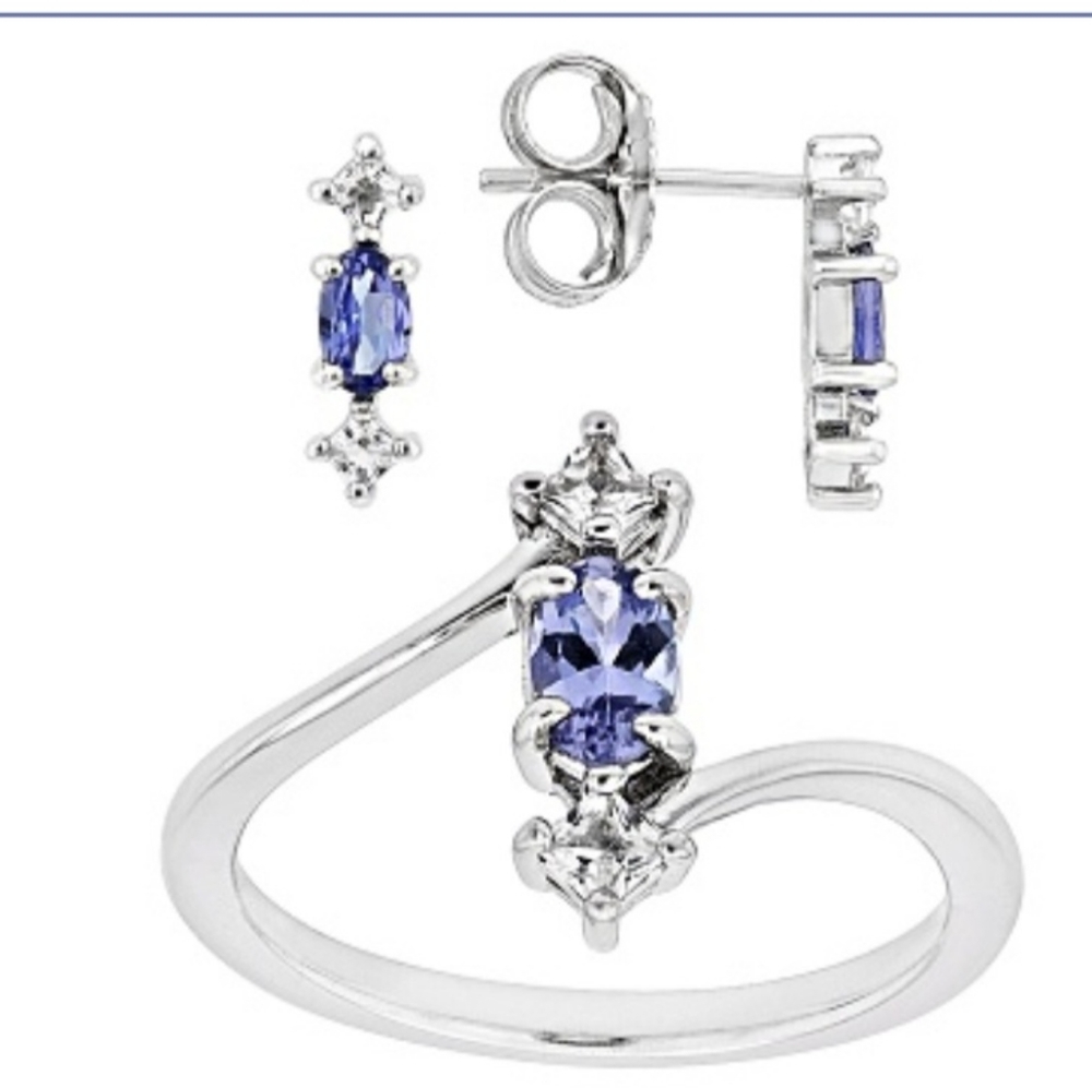Blue Tanzanite Rhodium Over Silver Ring, Earrings Set 1.13ctw